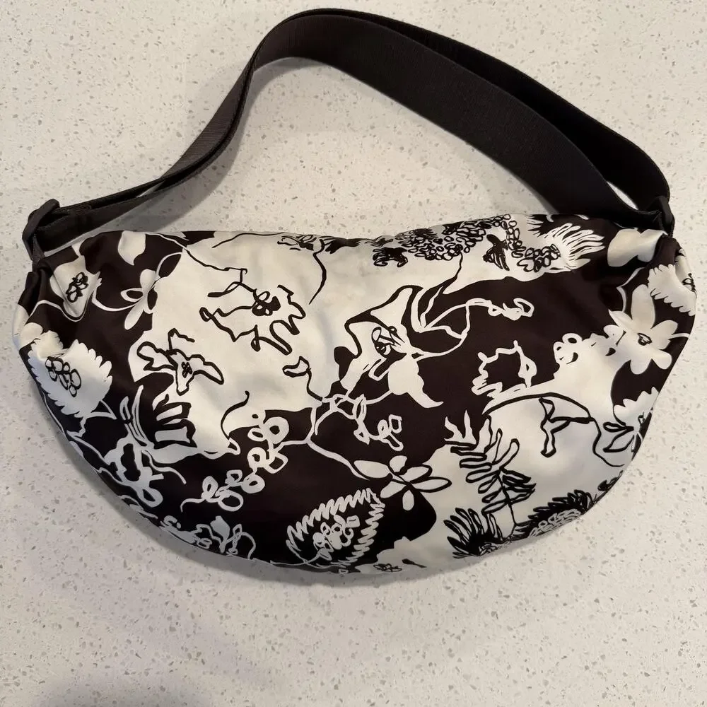 Cos Nylon Printed Padded Crossbody Shoulder Hobo Bag Brown Crescent Minimalist
